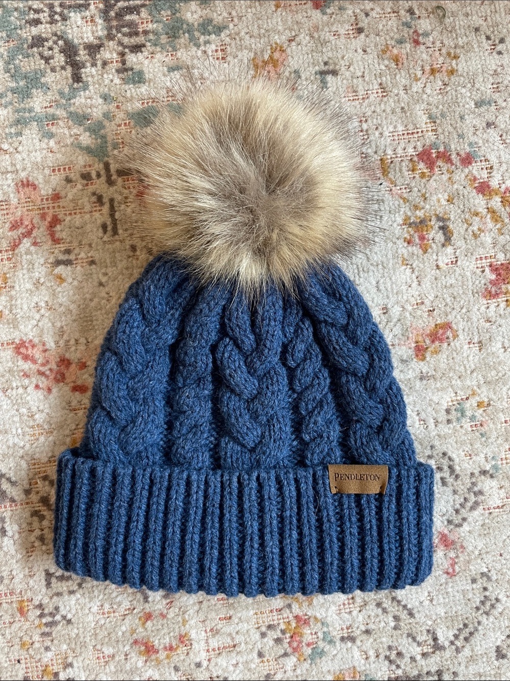 NWT Pendleton Lambs Wool Blend Cable Knit Pom Beanie in Indigo Blue